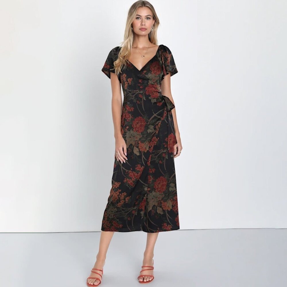 Subtle Elegance Black Floral Print Faux Wrap Midi Dress